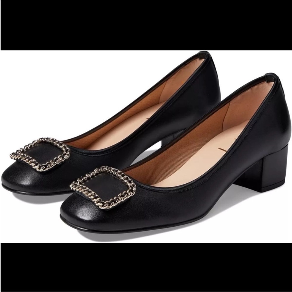 French Sole Izzy Loafer Heels Black Napa Leather Chain Link